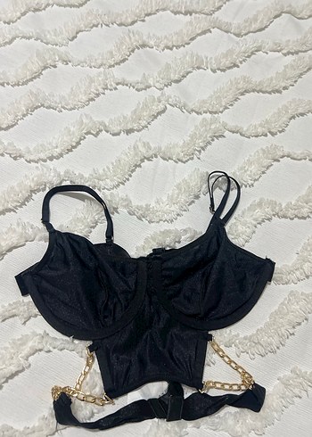 Zincir Detaylı Siyah Mini Straplez Büstiyer - Görsel 2