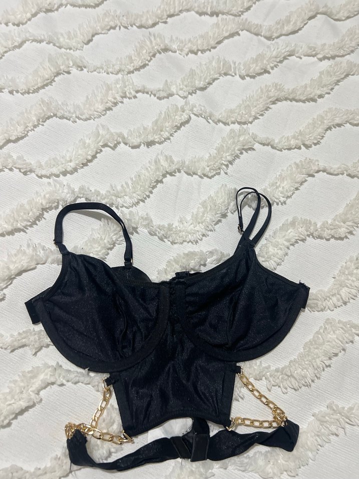 Zincir Detaylı Siyah Mini Straplez Büstiyer - Görsel 2