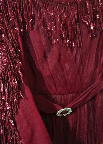 Bordo Uzun Kollu Drapeli Abiye Elbise - Görsel 7