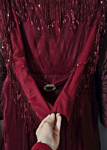 Bordo Uzun Kollu Drapeli Abiye Elbise - Görsel 9