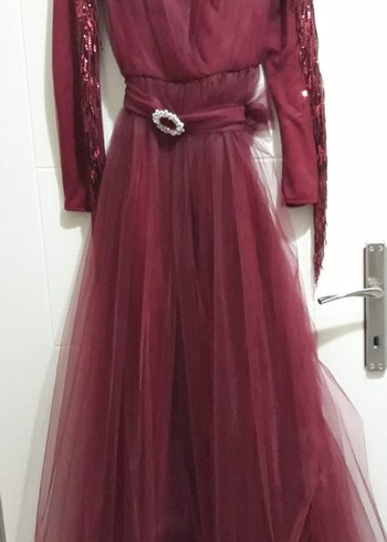 Bordo Uzun Kollu Drapeli Abiye Elbise - Görsel 2