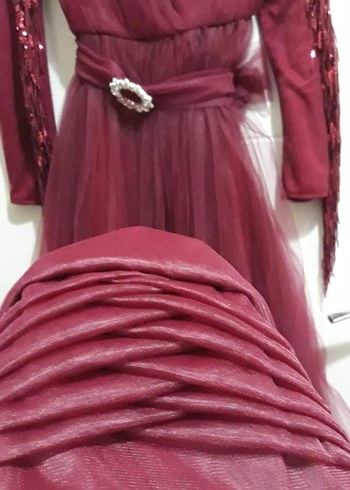 Bordo Uzun Kollu Drapeli Abiye Elbise - Görsel 3