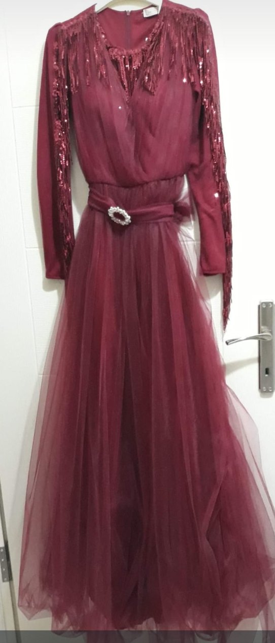 Bordo Uzun Kollu Drapeli Abiye Elbise - Görsel 2