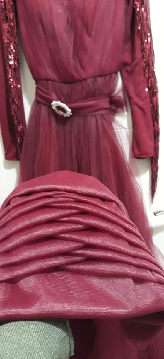 Bordo Uzun Kollu Drapeli Abiye Elbise - Görsel 3