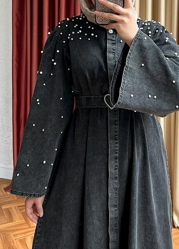 Diğer Fera inci Detay Kot Elbise (koyu mavi) Beden:36/38