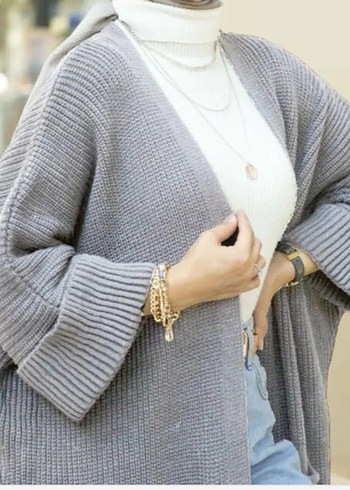 Gri Uzun triko Hırka - Görsel 2