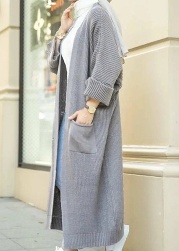 Gri Uzun triko Hırka - Görsel 3