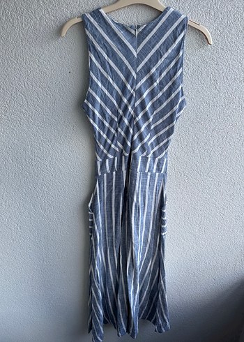 Çizgili, V Yakalı, Kolsuz Midi Elbise - Görsel 3