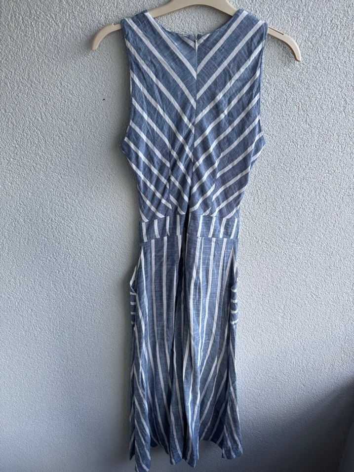 Çizgili, V Yakalı, Kolsuz Midi Elbise - Görsel 3