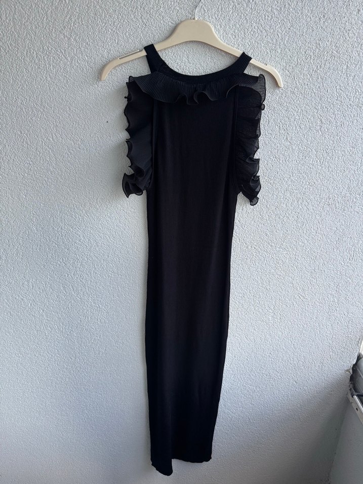 Fırfırlı Siyah Uzun Kolsuz Elbise - Görsel 5