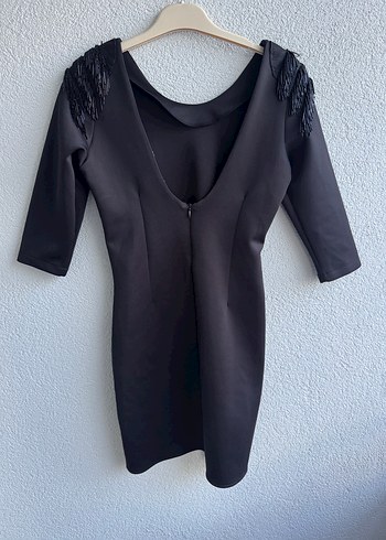 Siyah V Yaka Drapeli Mini Elbise - Görsel 3