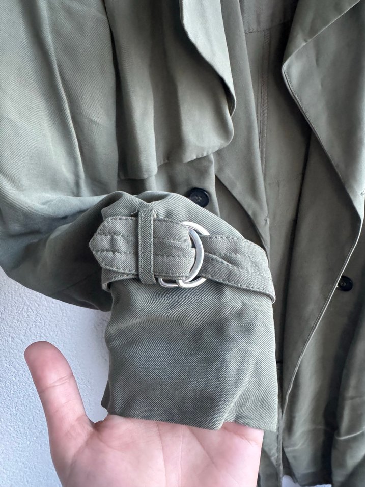 Kadın Haki Uzun Keten Trençkot - Görsel 2