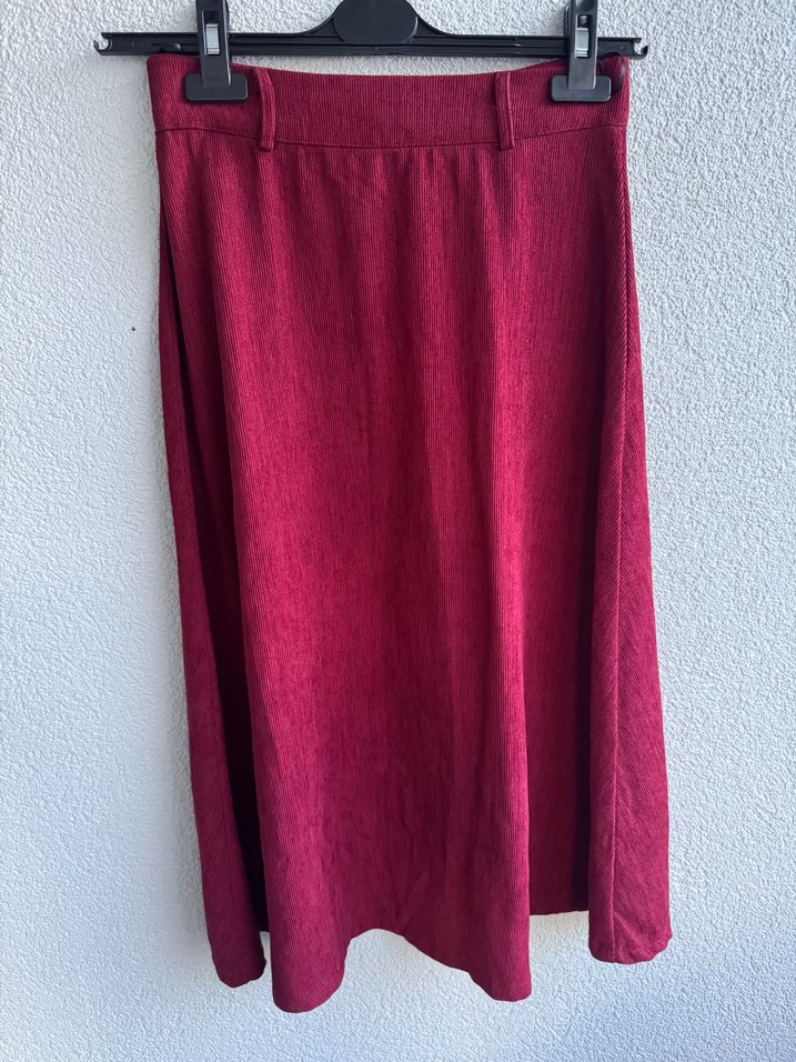 Düğmeli Bordo Uzun Keten Etek - Görsel 3