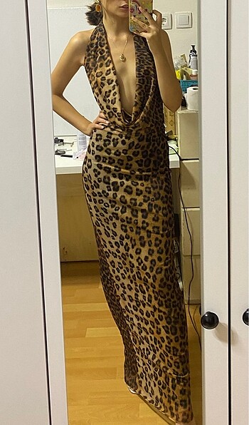 xs Beden kahverengi Renk Sırt dekolteli Zara leopar desenli elbise