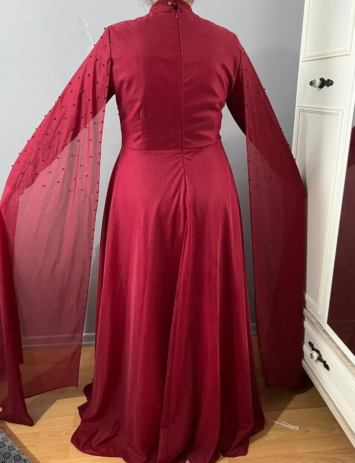 Bordo Uzun Kollu İşlemeli Abiye Elbise - Görsel 2