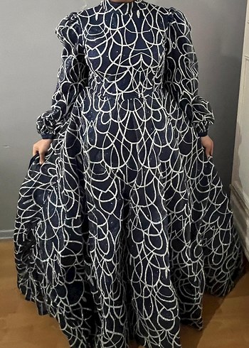 Lacivert Vintage Piliseli Uzun Kadın Elbise - Görsel 3