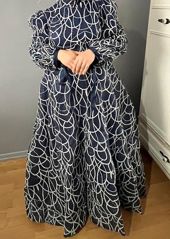 Lacivert Vintage Piliseli Uzun Kadın Elbise - Görsel 2