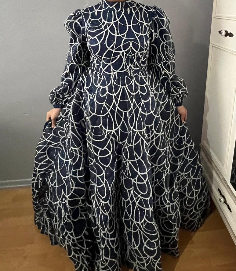 Lacivert Vintage Piliseli Uzun Kadın Elbise - Görsel 3