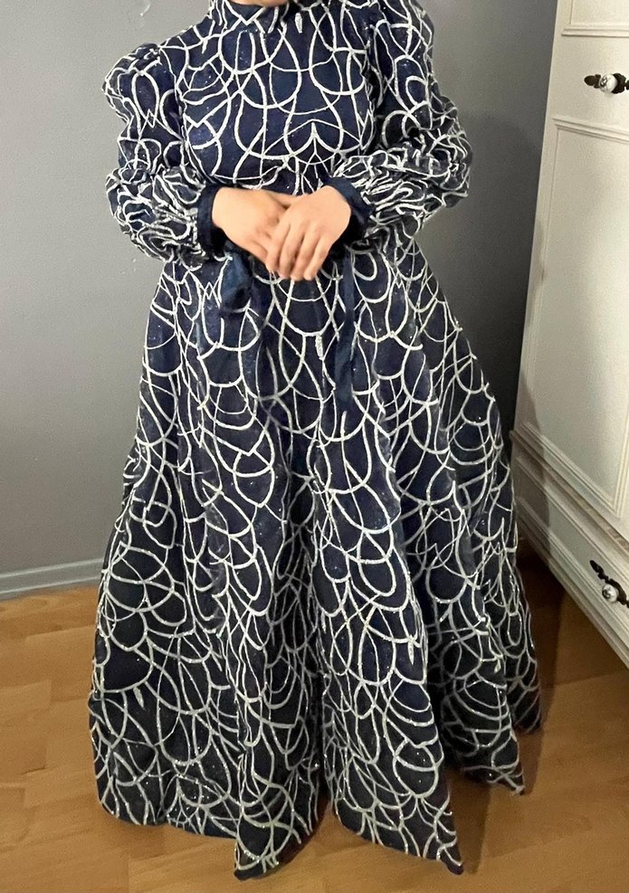 Lacivert Vintage Piliseli Uzun Kadın Elbise - Görsel 2