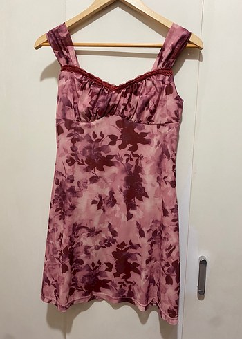 Bordo Bağlama Desenli Midi Elbise