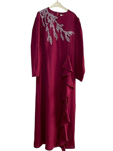 BORDO VOLANLI TAŞ İŞLEMELİ ELBİSE