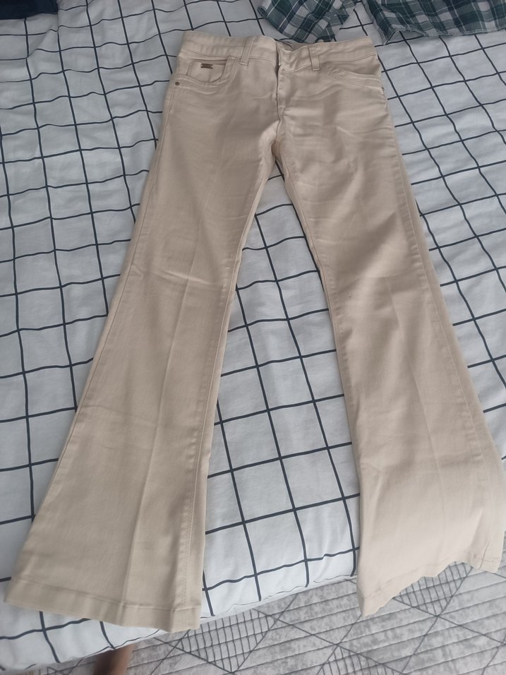 Kadın Bej Keten Normal Boy krem rengi pantolon İspanyol paça - Görsel 3