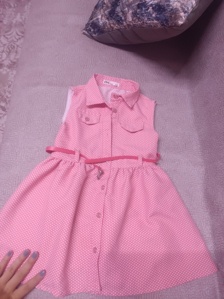 Pembe Düğmeli Kolsuz Kız Elbisesi civil - Görsel 3