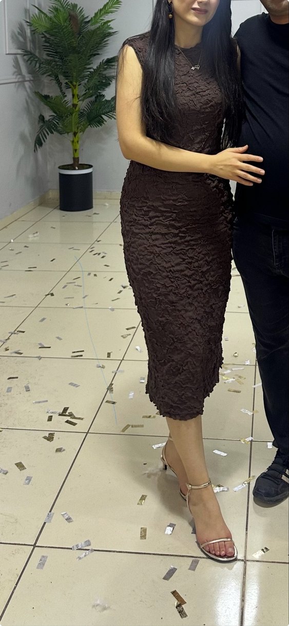 Dantel Detaylı Kahverengi Midi Hamile Elbisesi - Görsel 2