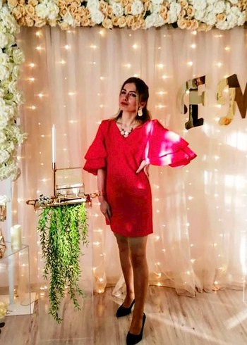 Bohem Tarzı Kırmızı V Yaka Kadın elbise - Görsel 3