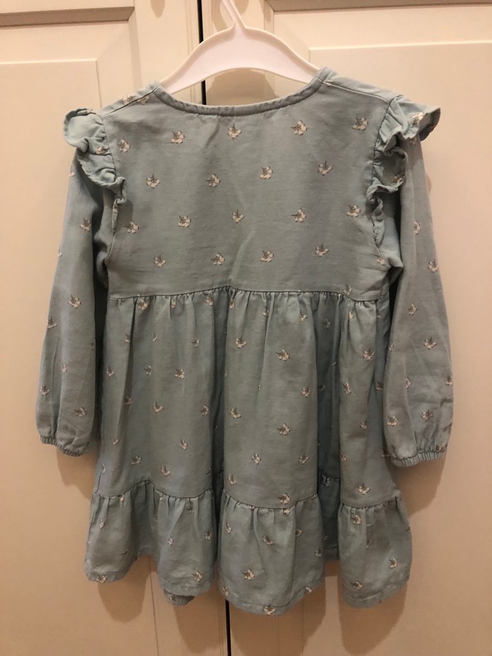 Su yeşili Baskılı Uzun Kollu Kız Elbise - Görsel 3