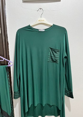 Yeşil Uzun Kollu Salaş Mini Tunik ve Etek - Görsel 2