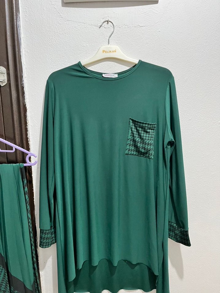 Yeşil Uzun Kollu Salaş Mini Tunik ve Etek - Görsel 2