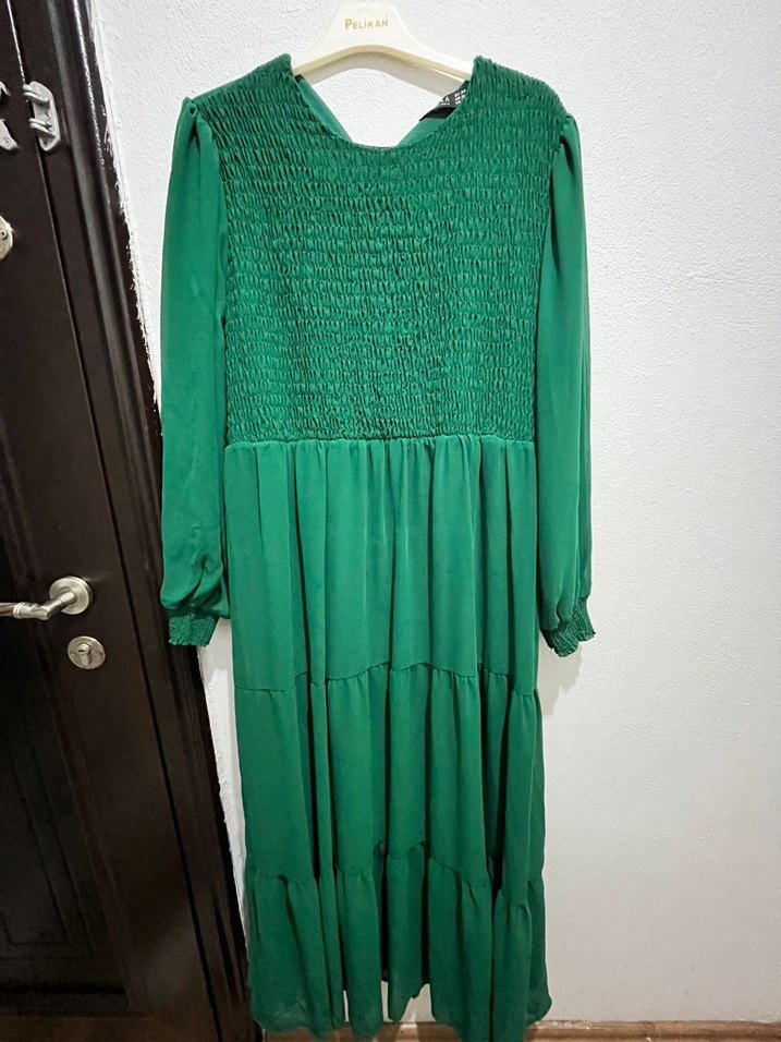 Yeşil Uzun Pilili Bohem Elbise - Görsel 3