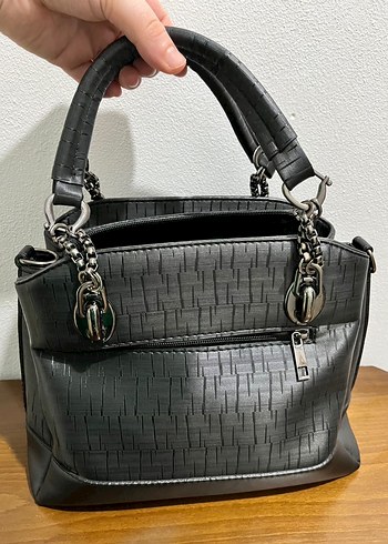 Parlak Siyah Deri Yılan Desenli Kadın Çanta - Görsel 3