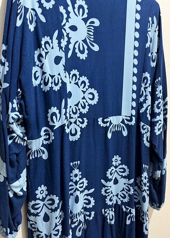 Bohem Tarz Uzun Mavi Bağlama Desenli Elbise - Görsel 5