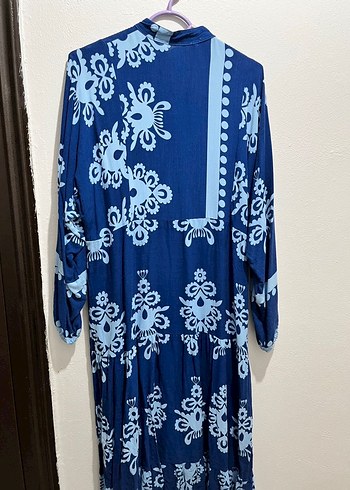 Bohem Tarz Uzun Mavi Bağlama Desenli Elbise - Görsel 6