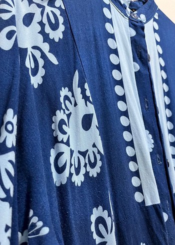 Bohem Tarz Uzun Mavi Bağlama Desenli Elbise - Görsel 7