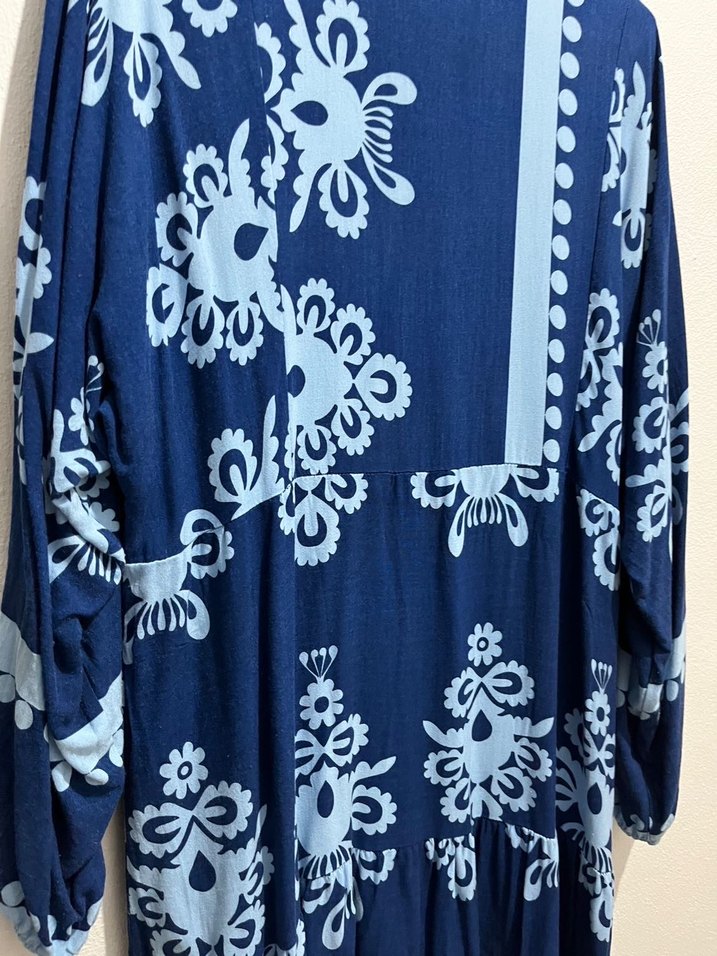 Bohem Tarz Uzun Mavi Bağlama Desenli Elbise - Görsel 5