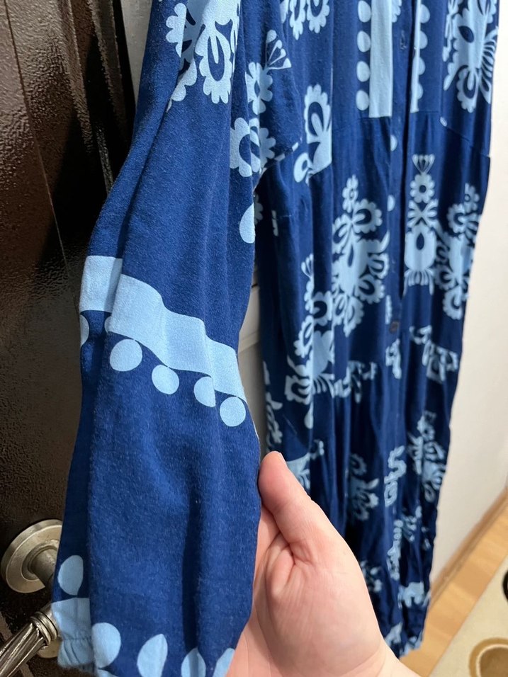 Bohem Tarz Uzun Mavi Bağlama Desenli Elbise - Görsel 4