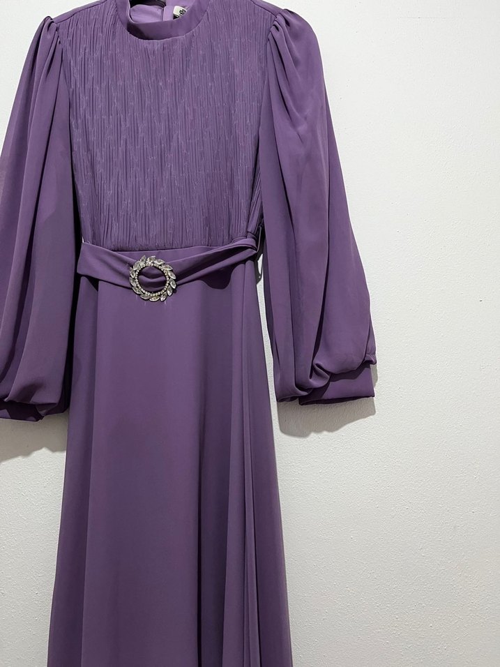 Uzun Kol Drapeli Mor Abiye Elbise - Görsel 3