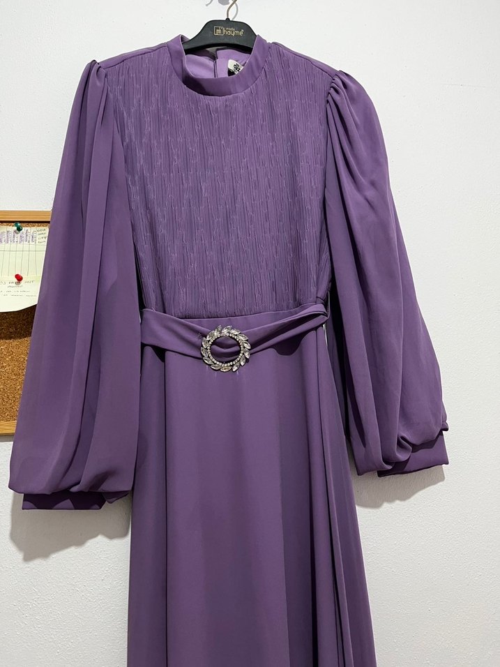 Uzun Kol Drapeli Mor Abiye Elbise - Görsel 4