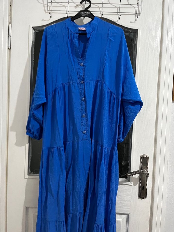 Mavi Uzun Keten Bohem Elbise - Görsel 2