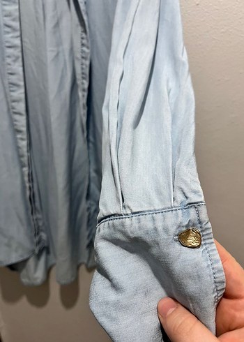 Düğmeli Uzun Kollu Denim Kadın Gömlek - Görsel 2