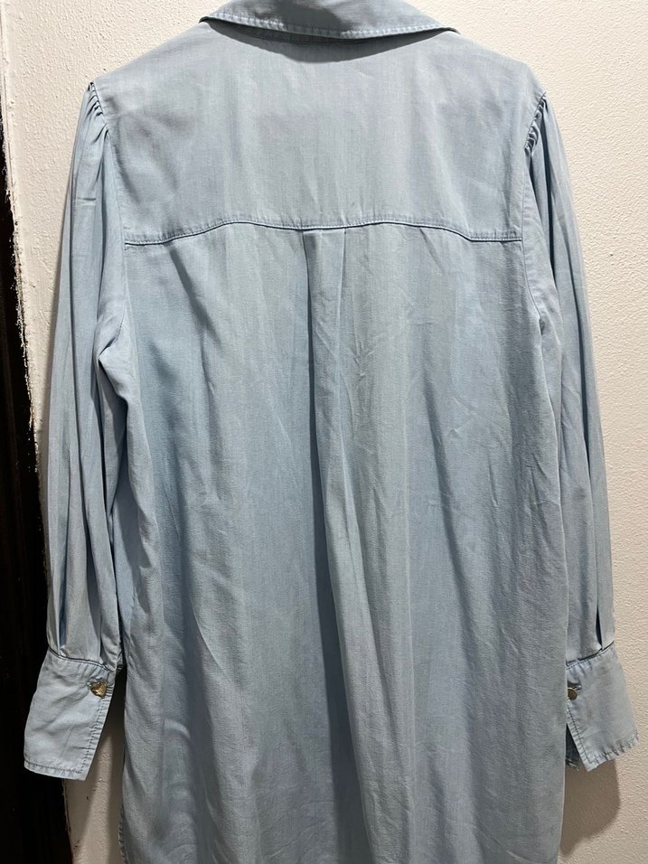 Düğmeli Uzun Kollu Denim Kadın Gömlek - Görsel 5