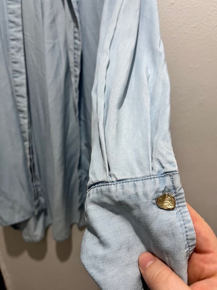 Düğmeli Uzun Kollu Denim Kadın Gömlek - Görsel 2