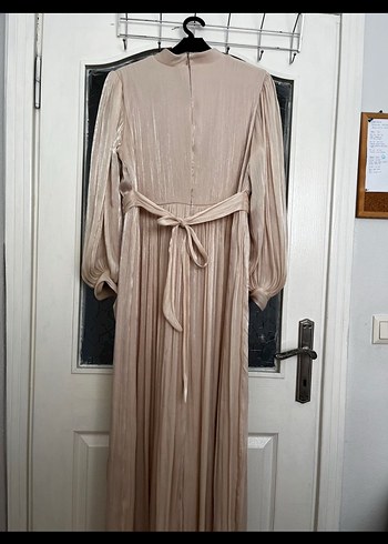 Bej Pilili Uzun Kadın Abiye Elbise - Görsel 5