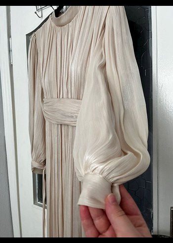 Bej Pilili Uzun Kadın Abiye Elbise - Görsel 2