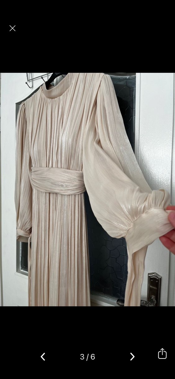 Bej Pilili Uzun Kadın Abiye Elbise - Görsel 3