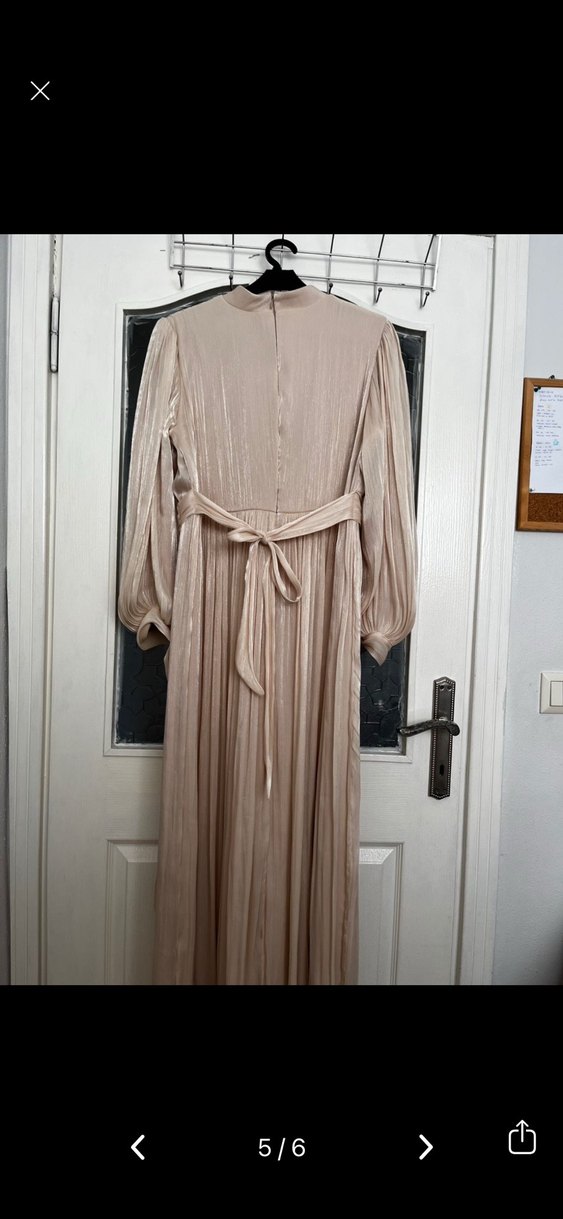 Bej Pilili Uzun Kadın Abiye Elbise - Görsel 5