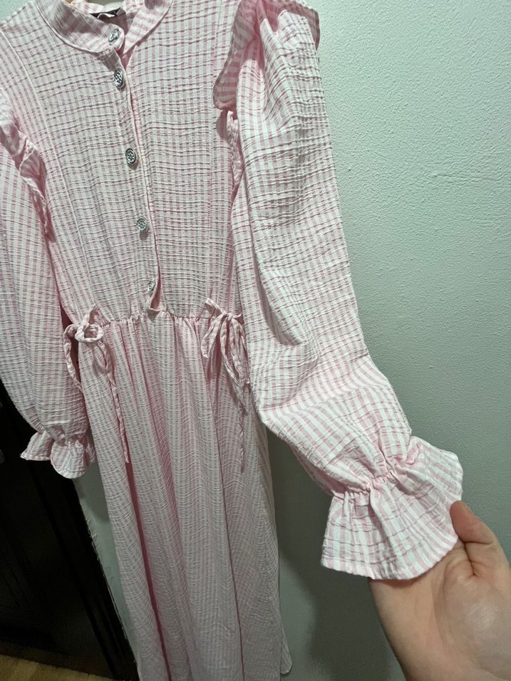 Pembe Uzun Kollu Uzun Elbise - Görsel 3